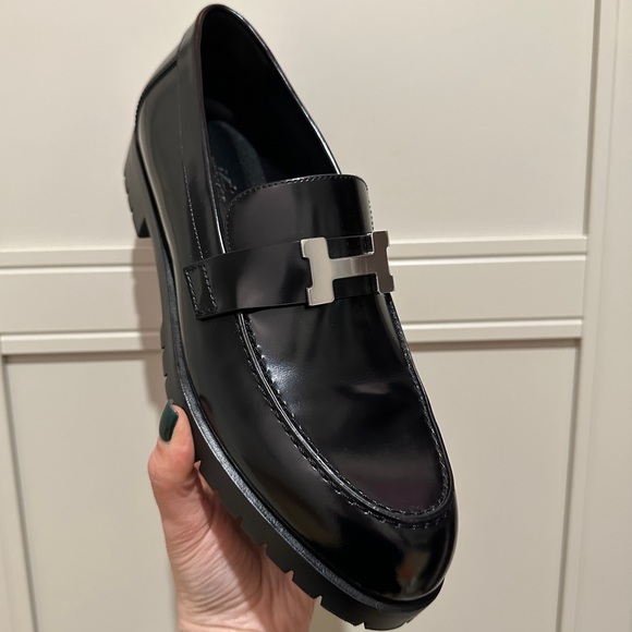 Hermes Shoes - Hermes Black Loafers with Silver Accent